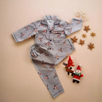 Santa Reindeer print Grey Unisex Kids Nightsuit Set