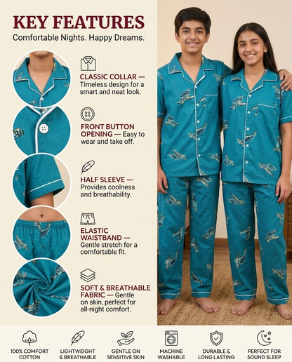 Ocean Teal Sea Turtle Printed Pure Unisex Nightsuit Set