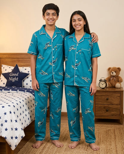 Ocean Teal Sea Turtle Printed Pure Unisex Nightsuit Set