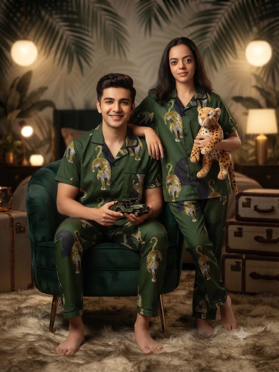 Green Leopard & Panther Print Cotton Unisex Nightsuit Set