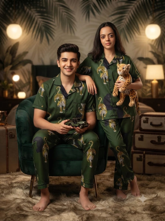 Green Leopard & Panther Print Cotton Unisex Nightsuit Set