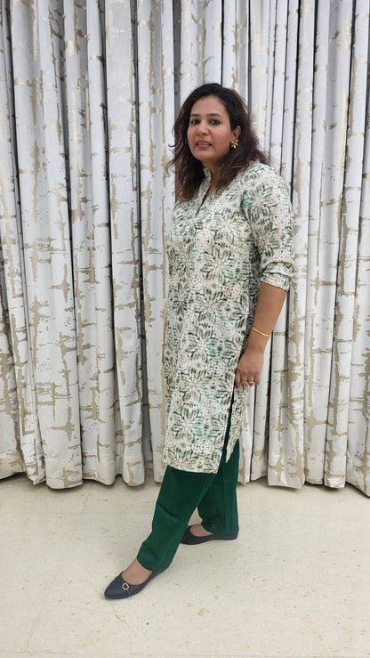 Green Textured Embroided Cotton Kurta with Pants
