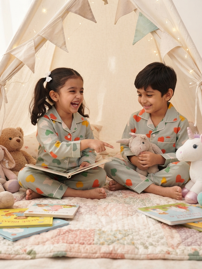 Pure Cotton Multi-Color Heart Print Unisex Nightsuit Set