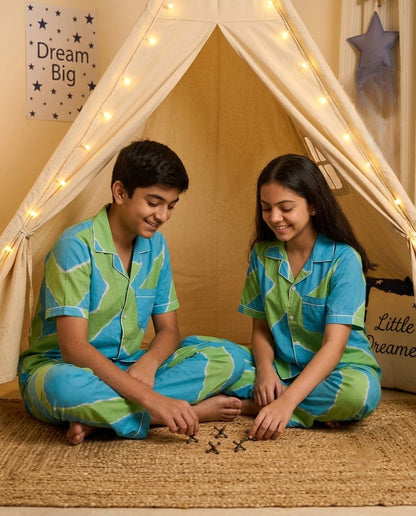 Aqua & Lime Green Printed Pure Cotton Unisex Nightsuit Set