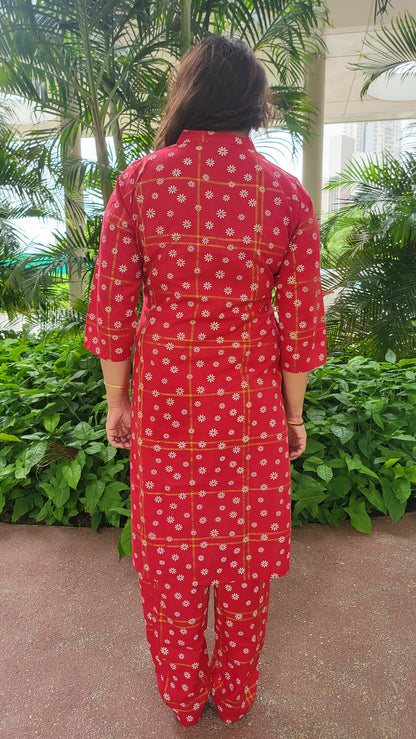 Red Floral Cotton Kurta with Pants
