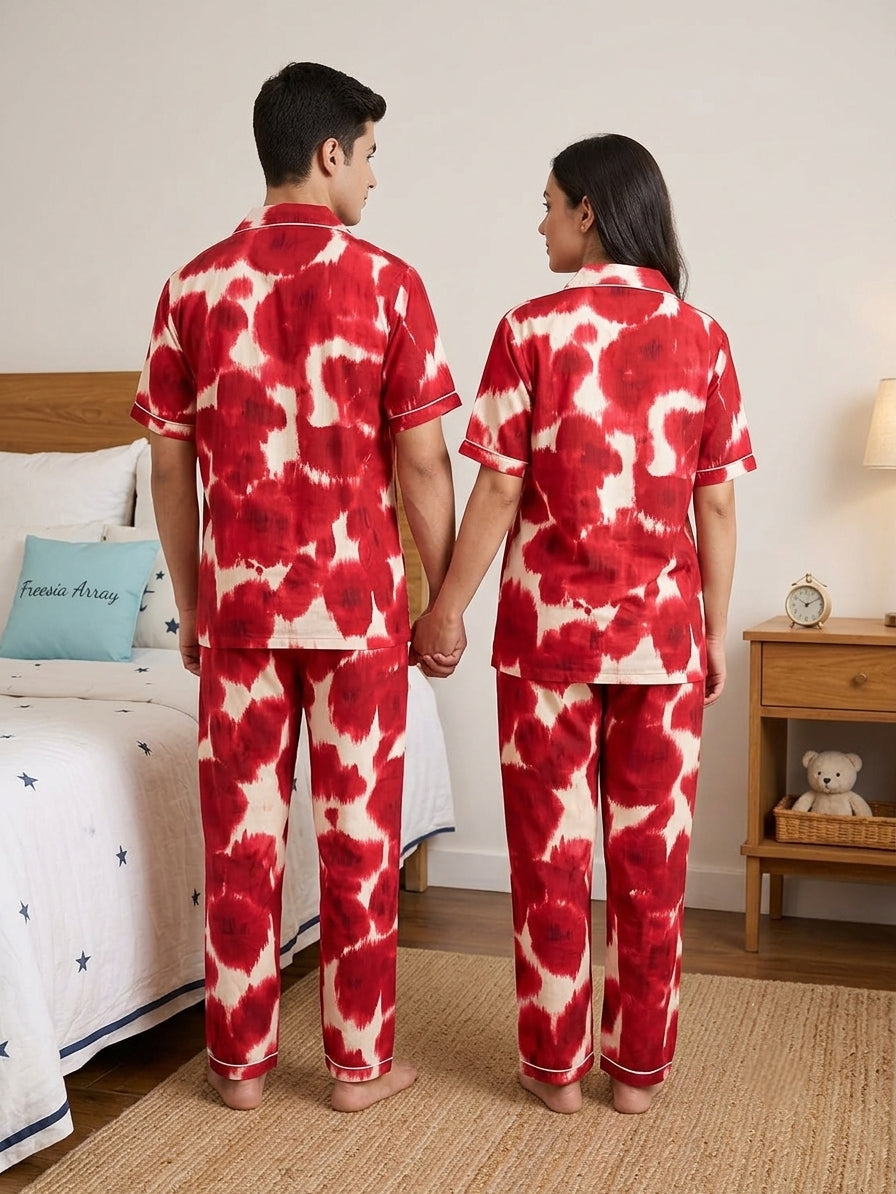 Red Ikat Printed Pure Cotton Unisex Nightsuit Set