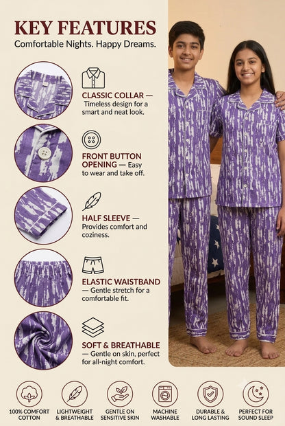 Purple Abstract Tie-Dye Printed Pure Unisex Nightsuit Set