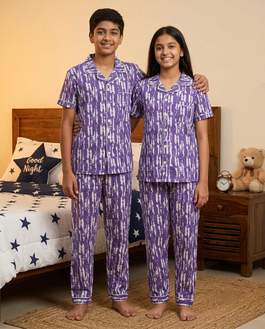Purple Abstract Tie-Dye Printed Pure Unisex Nightsuit Set