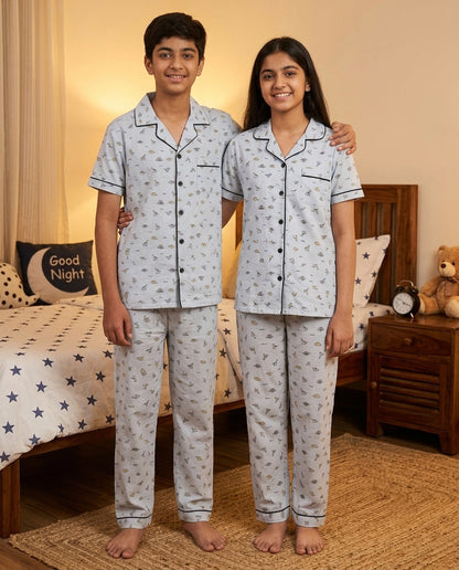 Grey Dinosaur Printed Pure Unisex Nightsuit Set