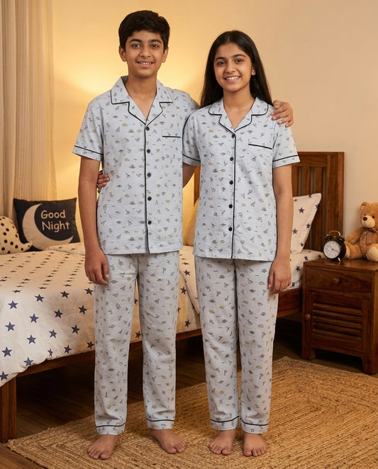 Grey Dinosaur Printed Pure Unisex Nightsuit Set