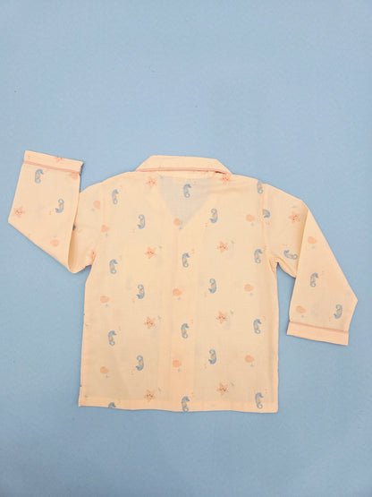 Pure Cotton Peach with Seahorse Print  Unisex Nightsuit Set