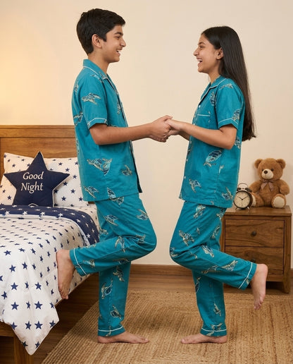 Ocean Teal Sea Turtle Printed Pure Unisex Nightsuit Set