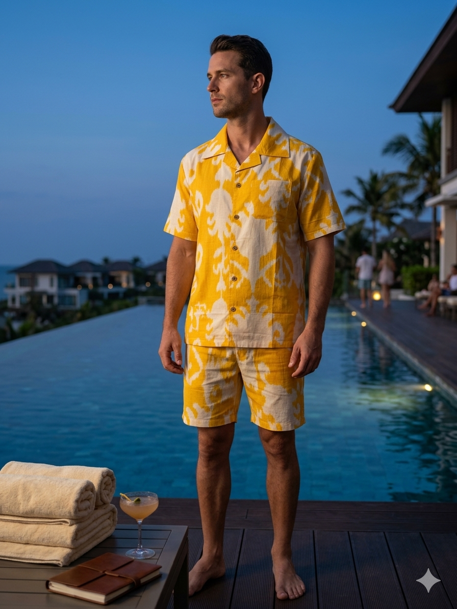 Yellow and White Ikat Print Men's Cotton Nightsuit Set, Collared Shirt with Shorts