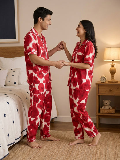Red Ikat Printed Pure Cotton Unisex Nightsuit Set