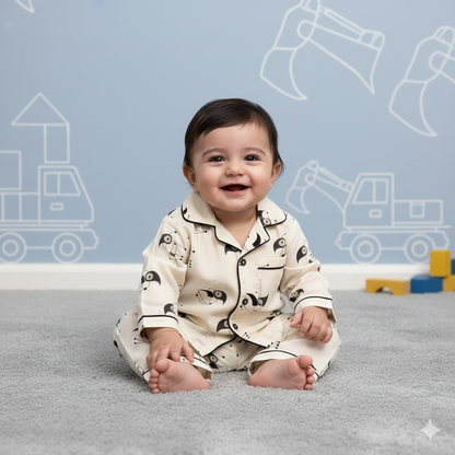 Pure Cotton White Bird Print Unisex Nightsuit Set
