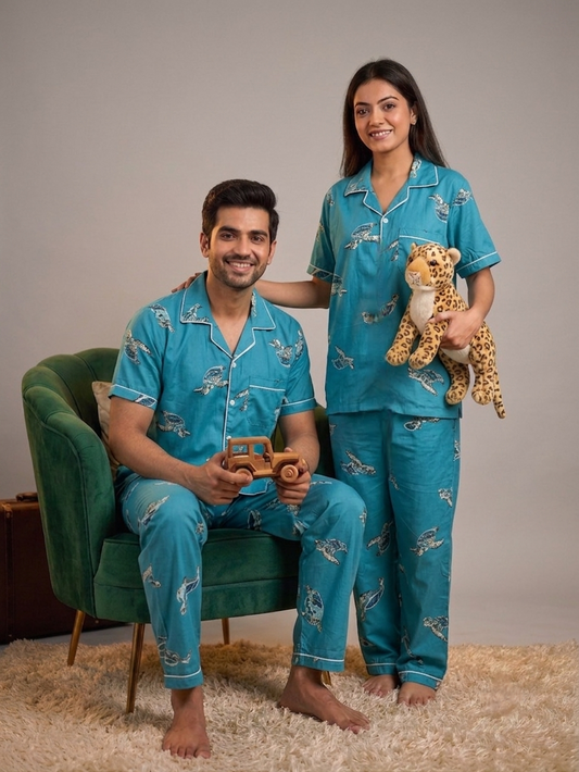 Ocean Teal Sea Turtle Printed Pure Unisex Nightsuit Set
