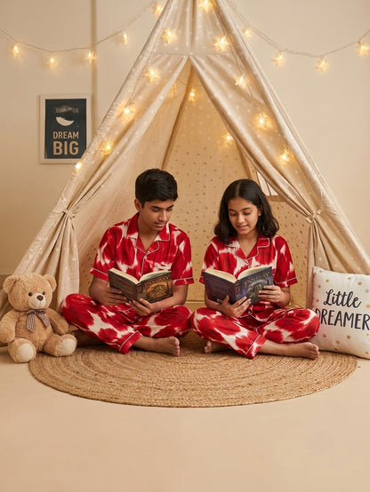Red Ikat Printed Pure Cotton Unisex Nightsuit Set