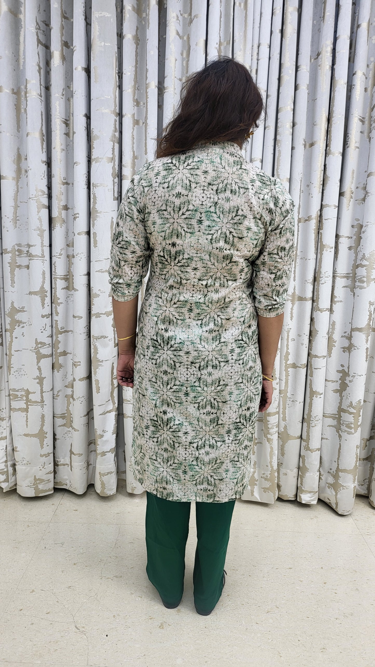 Green Textured Embroided Cotton Kurta with Pants