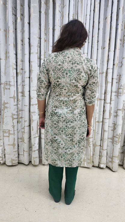 Green Textured Embroided Cotton Kurta with Pants