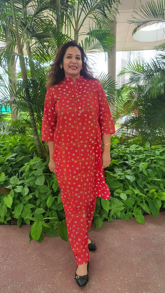 Red Floral Cotton Kurta with Pants