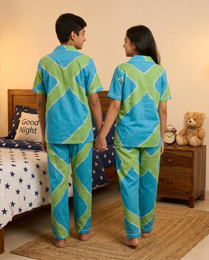 Aqua & Lime Green Printed Pure Cotton Unisex Nightsuit Set