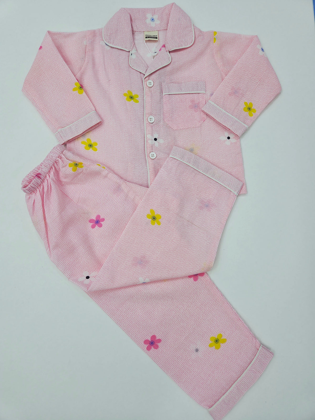 Pure Cotton Pink Flower Print Unisex Nightsuit Set