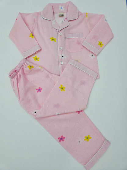 Pure Cotton Pink Flower Print Unisex Nightsuit Set