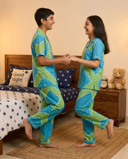 Aqua & Lime Green Printed Pure Cotton Unisex Nightsuit Set
