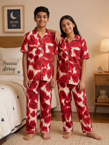 Red Ikat Printed Pure Cotton Unisex Nightsuit Set