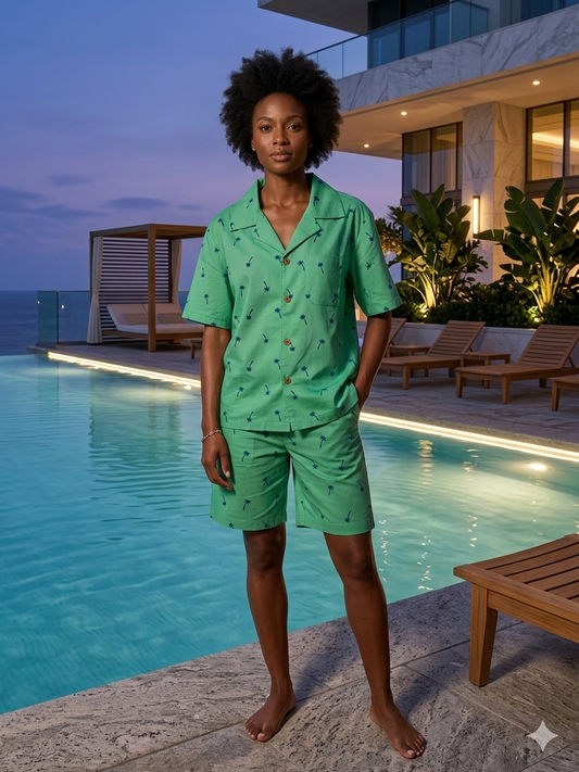 Green with Blue Palm Print Women Cotton Nightsuit Set