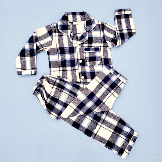 Blue Checkered Kids Flannel Winter Unisex Nightsuit Set