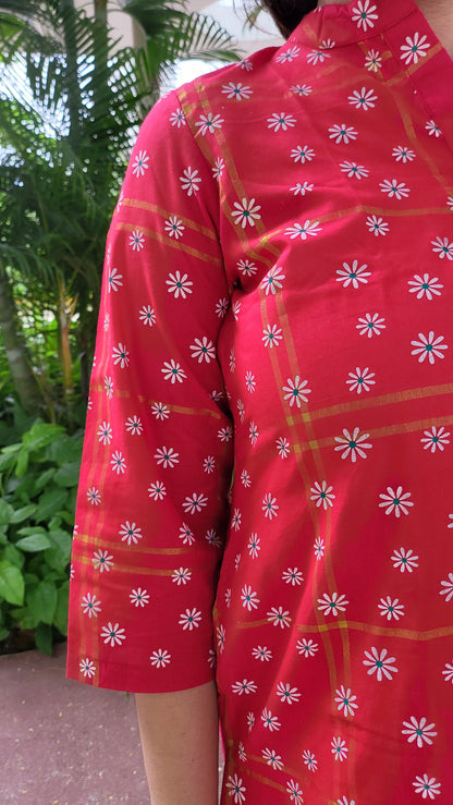Red Floral Cotton Kurta with Pants