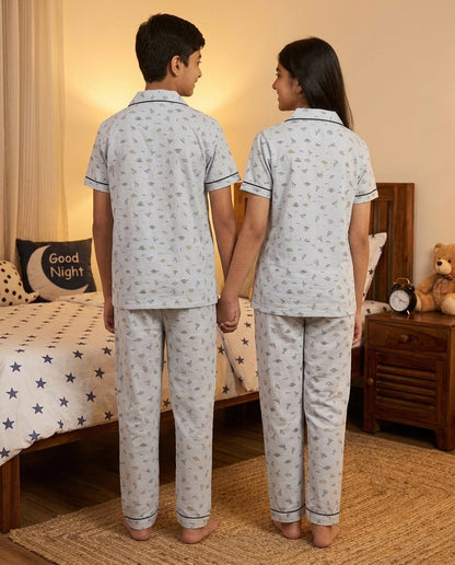 Grey Dinosaur Printed Pure Unisex Nightsuit Set