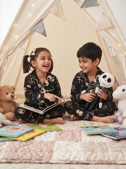 Pure Cotton Black & White Halloween Print Unisex Nightsuit Set