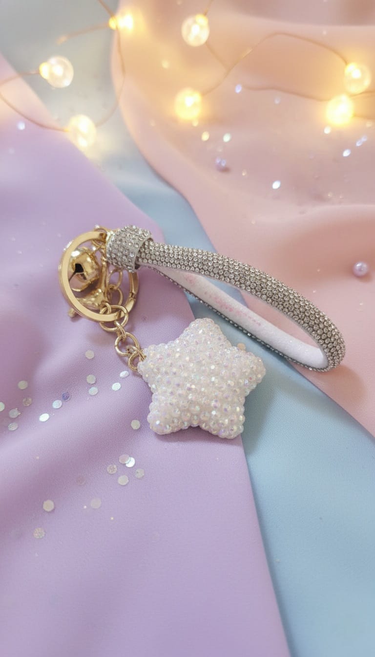 Sparkle Star Keychain with Moon Charm, Gold and Silver Crystal Embellished Accessory for Kids Unisex