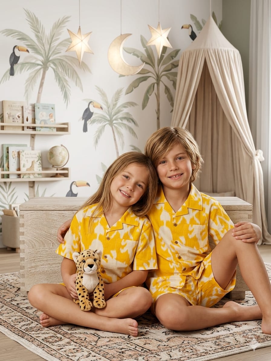 Yellow & White Ikat print Unisex Shorts Nightsuit Set