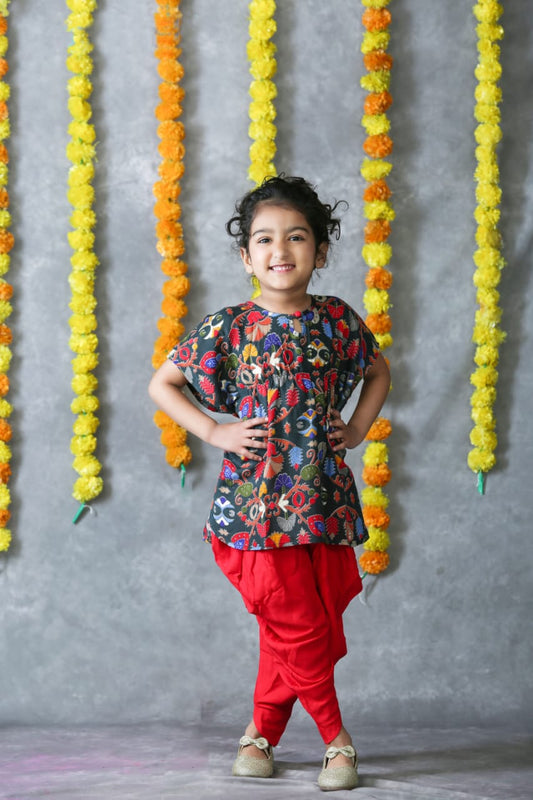 Shop online stylish comfy kidswear  Grey and Red Dhoti Kaftan Co-Ord set