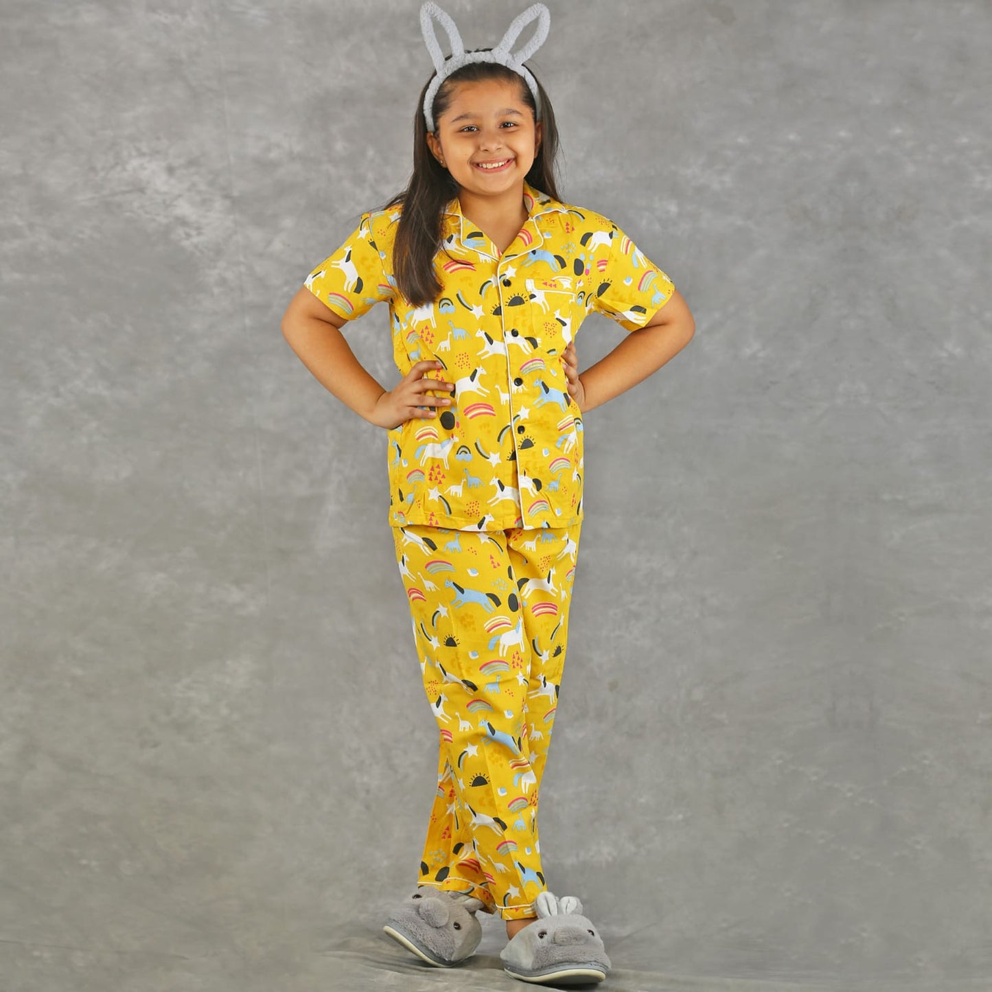 order online premium apparel  Unisex Yellow Lama Printed Night suit set