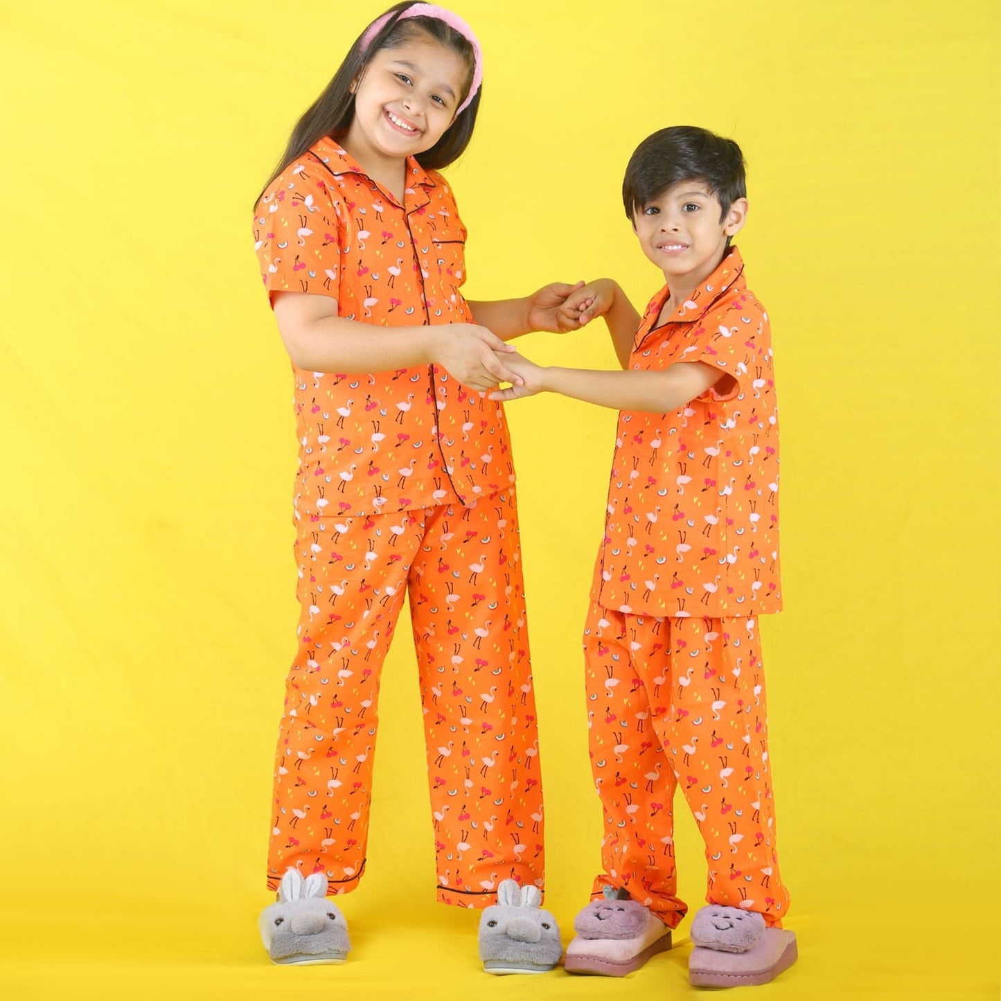 Shop online Freesia Array Unisex Orange Flamingo Printed Night Suit Set