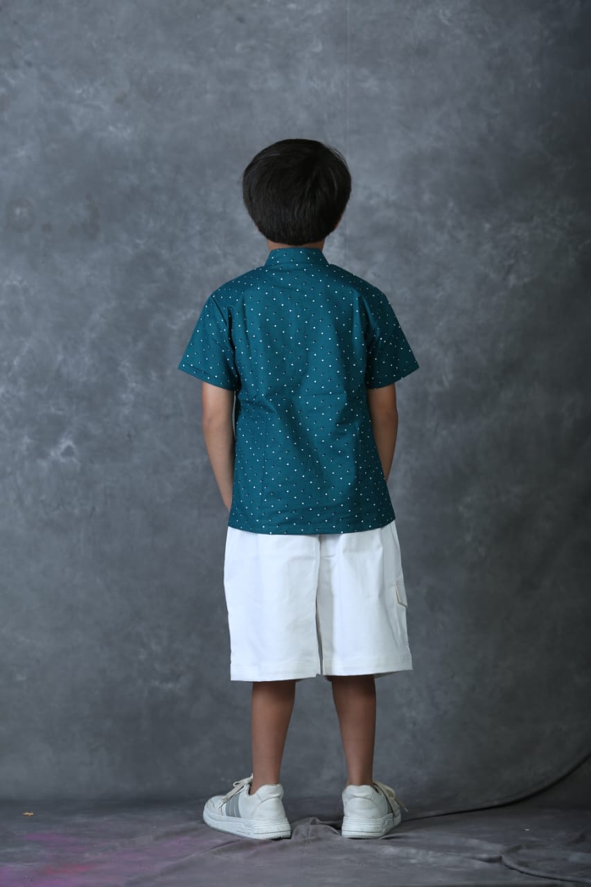 Freesia Array bottle green kurta shirt with white bermuda shorts co-ord set for boys