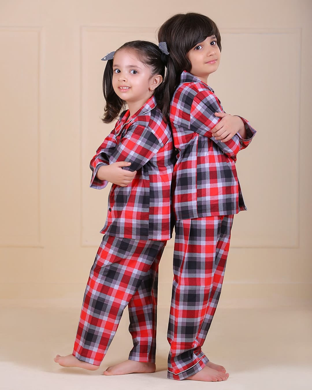 Shop online festive  Red Checkered Printed Night Suit Set