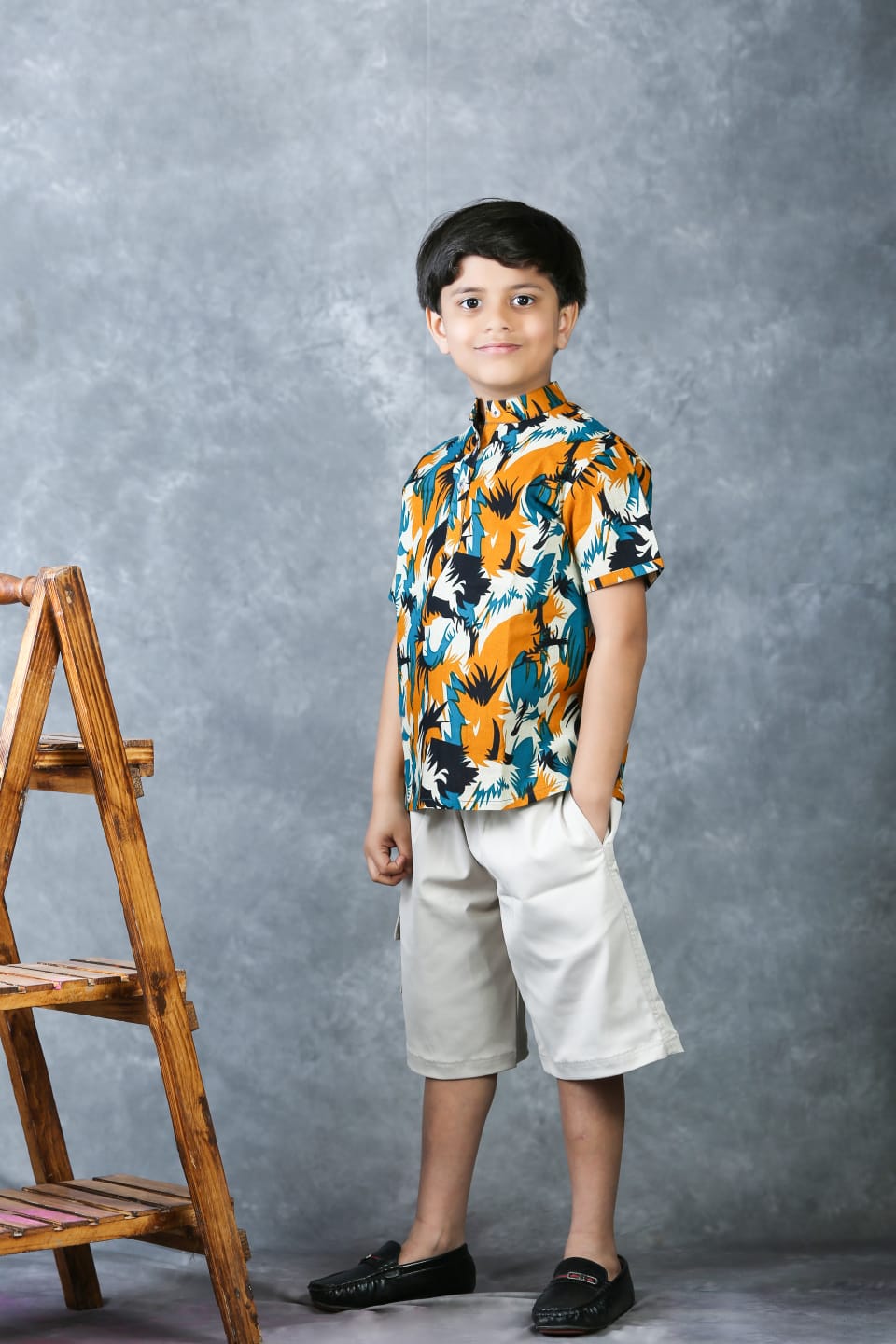Order online Freesia Array Camouflage Kurta shirt with Beige Bermuda Shorts for Boys