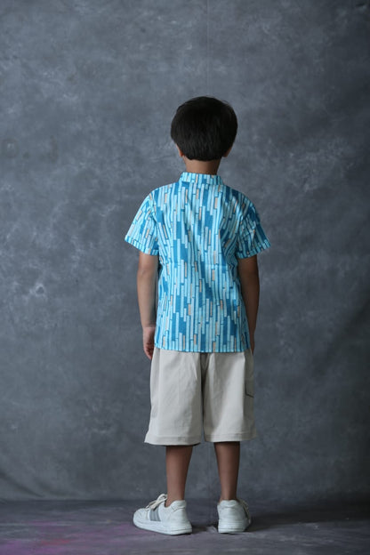 Freesia array Sky Blue Kurta shirt with Beige Bermuda Shorts for Boys