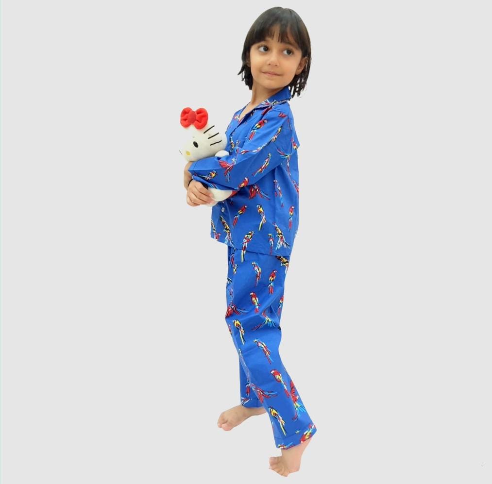 Buy online parrot print blue colored nightsuit set for boys and girls