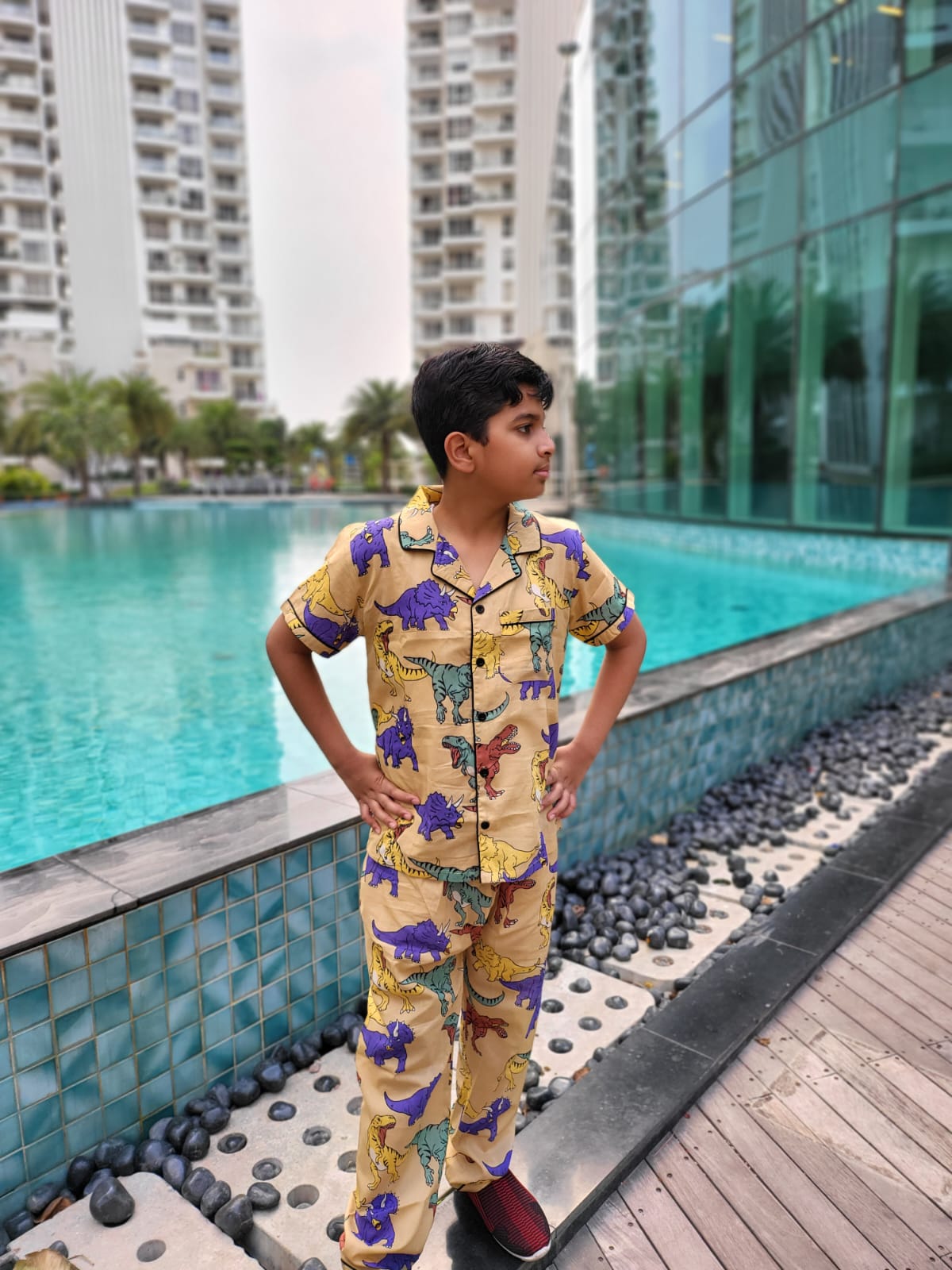 shop order online Freesia Array Unisex Beige Dinosaur Printed Night Suit Set