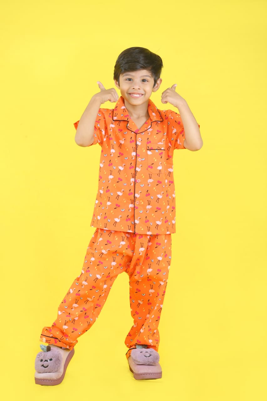 Buy online premium clothing  Unisex Orange Flamingo Printed Night Suit Set