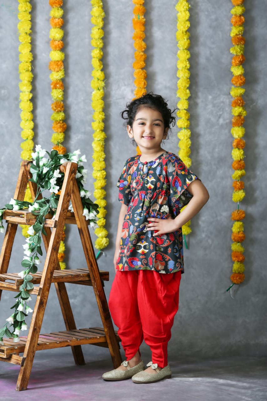Buy premium apparel online Freesia Array Grey and Red Dhoti Kaftan Co-Ord set