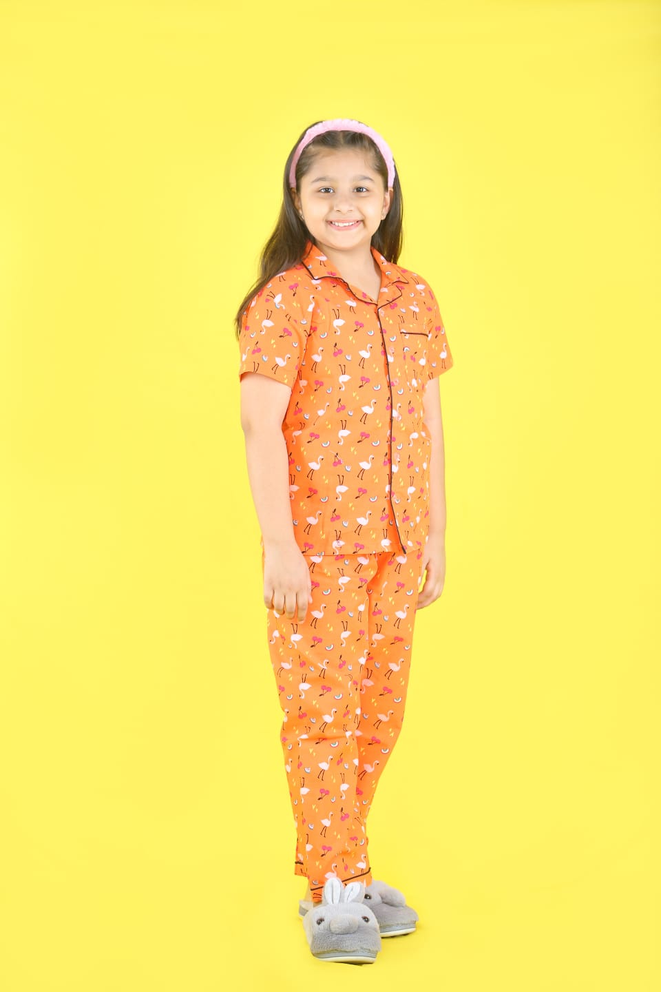 Send gift to India stylish Freesia Array Unisex Orange Flamingo Printed Night Suit Set COD