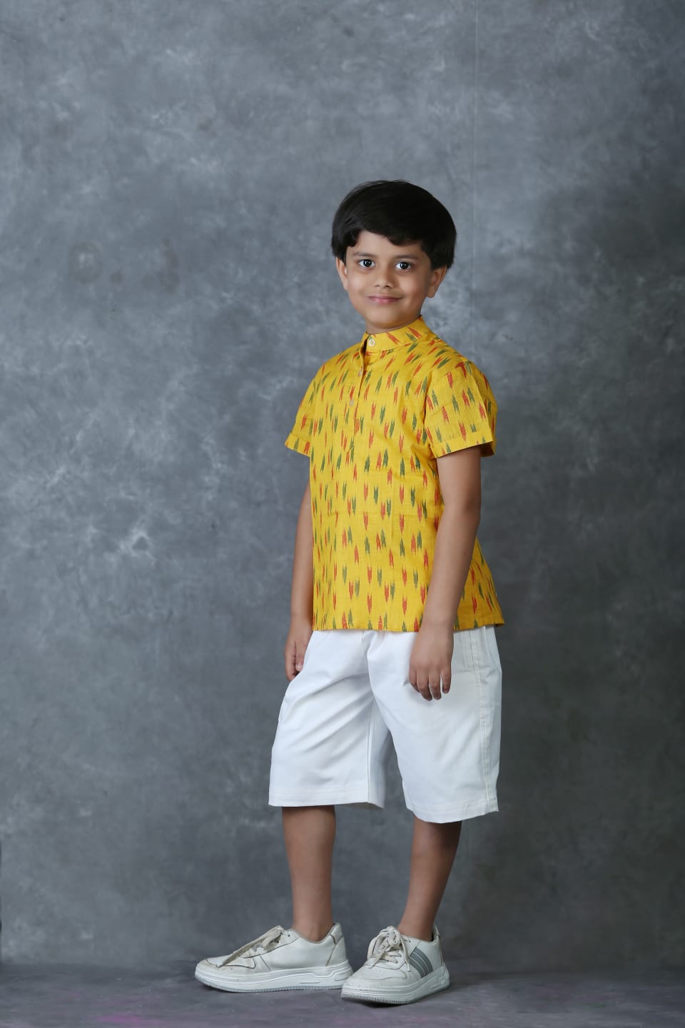 Freesia array Trendy Yellow Kurta shirt with White Bermuda Shorts for Boys