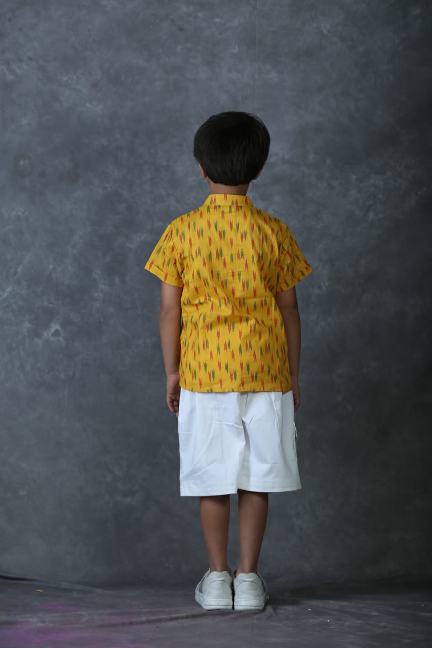 Freesia array Trendy Yellow Kurta shirt with White Bermuda Shorts for Boys